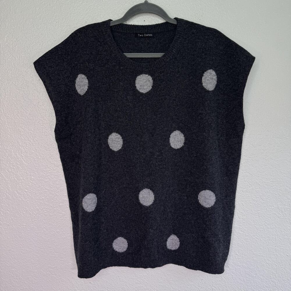 Two Danes Sweater Womens Large XL Lambswool Knit Polka Dot Pullover Gray Vest